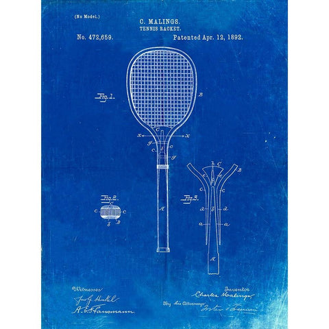 PP183- Faded Blueprint Tennis Racket 1892 Patent Poster Black Modern Wood Framed Art Print with Double Matting by Borders, Cole