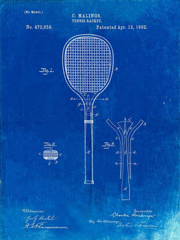 PP183- Faded Blueprint Tennis Racket 1892 Patent Poster Black Ornate Wood Framed Art Print with Double Matting by Borders, Cole