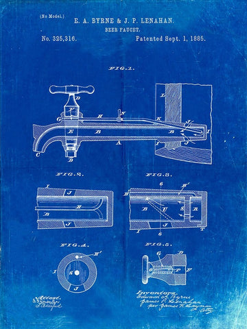 PP185- Faded Blueprint Beer Tap Patent Poster White Modern Wood Framed Art Print with Double Matting by Borders, Cole