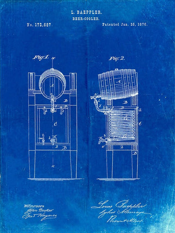 PP186- Faded Blueprint Beer Keg Cooler 1876 Patent Poster Black Ornate Wood Framed Art Print with Double Matting by Borders, Cole
