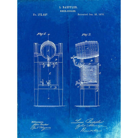 PP186- Faded Blueprint Beer Keg Cooler 1876 Patent Poster Black Modern Wood Framed Art Print with Double Matting by Borders, Cole