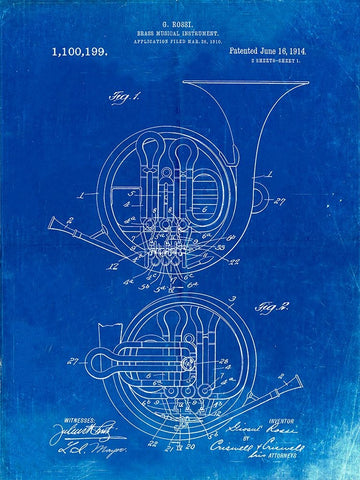 PP188- Faded Blueprint French Horn 1914 Patent Poster White Modern Wood Framed Art Print with Double Matting by Borders, Cole