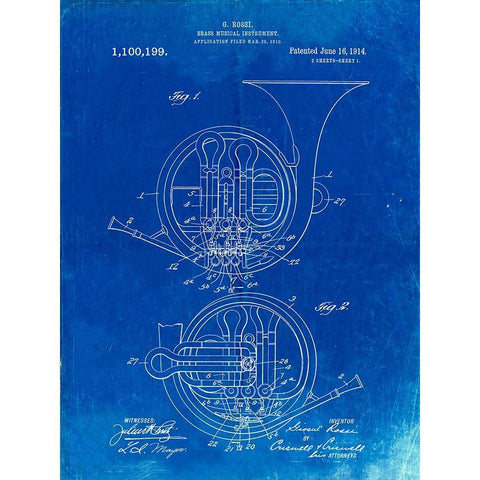 PP188- Faded Blueprint French Horn 1914 Patent Poster Black Modern Wood Framed Art Print with Double Matting by Borders, Cole