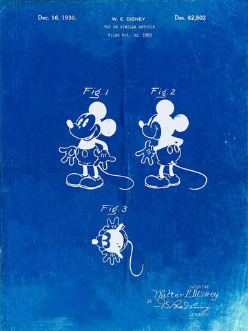 PP191- Faded Blueprint Mickey Mouse 1929 Patent Poster White Modern Wood Framed Art Print with Double Matting by Borders, Cole