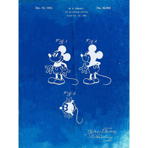 PP191- Faded Blueprint Mickey Mouse 1929 Patent Poster Gold Ornate Wood Framed Art Print with Double Matting by Borders, Cole