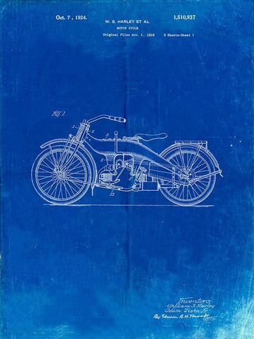 PP194- Faded Blueprint Harley Davidson Motorcycle 1919 Patent Poster White Modern Wood Framed Art Print with Double Matting by Borders, Cole