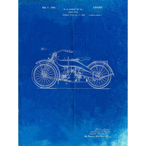PP194- Faded Blueprint Harley Davidson Motorcycle 1919 Patent Poster White Modern Wood Framed Art Print by Borders, Cole