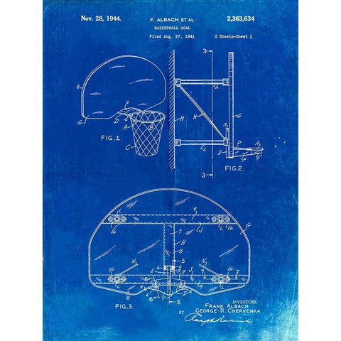 PP196- Faded Blueprint Albach Basketball Goal Patent Poster Black Modern Wood Framed Art Print with Double Matting by Borders, Cole