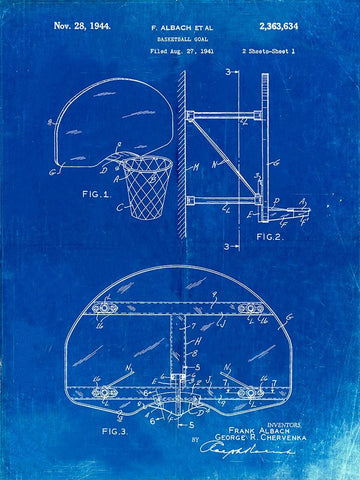 PP196- Faded Blueprint Albach Basketball Goal Patent Poster White Modern Wood Framed Art Print with Double Matting by Borders, Cole