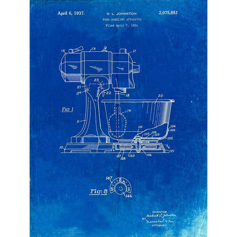 PP197- Faded Blueprint KitchenAid Kitchen Mixer Patent Poster White Modern Wood Framed Art Print by Borders, Cole