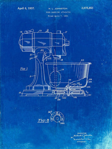 PP197- Faded Blueprint KitchenAid Kitchen Mixer Patent Poster Black Ornate Wood Framed Art Print with Double Matting by Borders, Cole