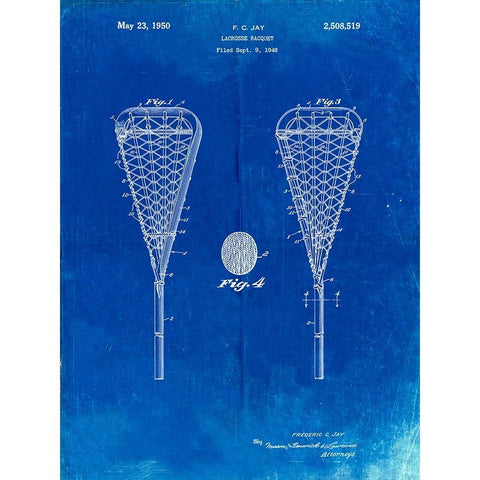 PP199- Faded Blueprint Lacrosse Stick 1948 Patent Poster Black Modern Wood Framed Art Print with Double Matting by Borders, Cole