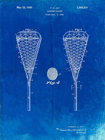 PP199- Faded Blueprint Lacrosse Stick 1948 Patent Poster Black Ornate Wood Framed Art Print with Double Matting by Borders, Cole