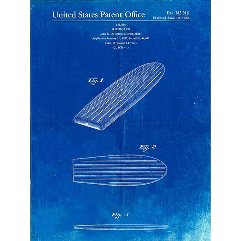 PP201- Faded Blueprint Surfboard Poster White Modern Wood Framed Art Print by Borders, Cole
