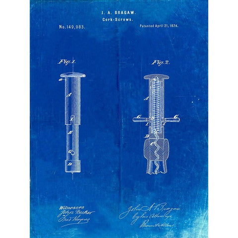 PP203- Faded Blueprint Corkscrew 1874 Patent Poster Black Modern Wood Framed Art Print with Double Matting by Borders, Cole