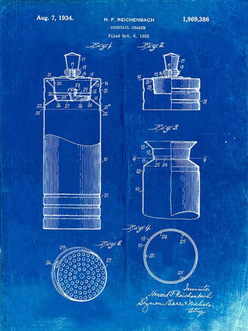 PP204- Faded Blueprint Cocktail Shaker Patent Poster Black Ornate Wood Framed Art Print with Double Matting by Borders, Cole