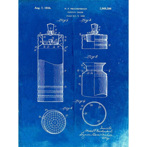 PP204- Faded Blueprint Cocktail Shaker Patent Poster Black Modern Wood Framed Art Print with Double Matting by Borders, Cole