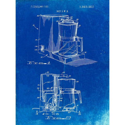 PP208- Faded Blueprint Dart Coffee Maker 1975 White Modern Wood Framed Art Print by Borders, Cole