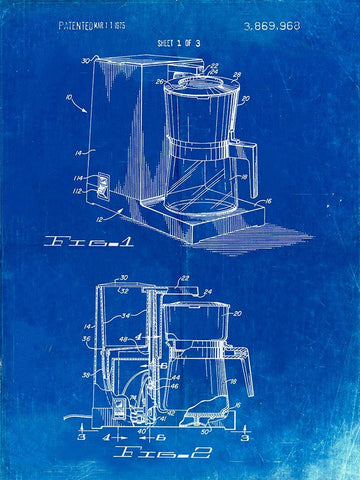 PP208- Faded Blueprint Dart Coffee Maker 1975 White Modern Wood Framed Art Print with Double Matting by Borders, Cole