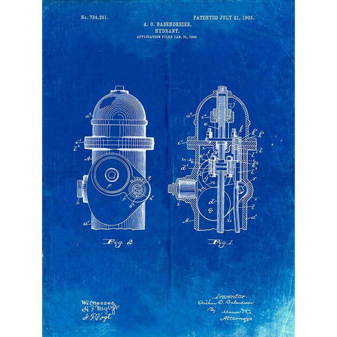 PP210-Faded Blueprint Fire Hydrant 1903 Patent Poster White Modern Wood Framed Art Print by Borders, Cole