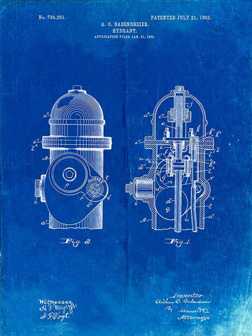 PP210-Faded Blueprint Fire Hydrant 1903 Patent Poster Black Ornate Wood Framed Art Print with Double Matting by Borders, Cole