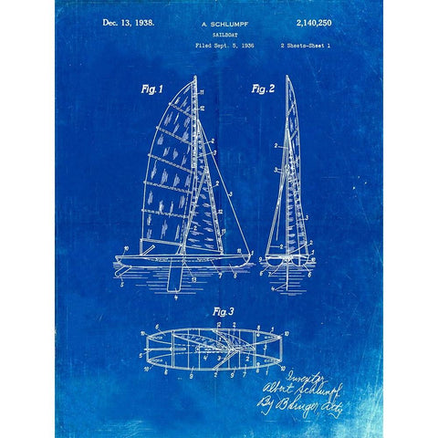 PP216-Faded Blueprint Schlumpf Sailboat Patent Poster Black Modern Wood Framed Art Print with Double Matting by Borders, Cole