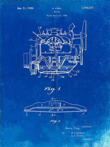 PP220-Faded Blueprint Model A Ford Pickup Truck Engine Poster White Modern Wood Framed Art Print with Double Matting by Borders, Cole