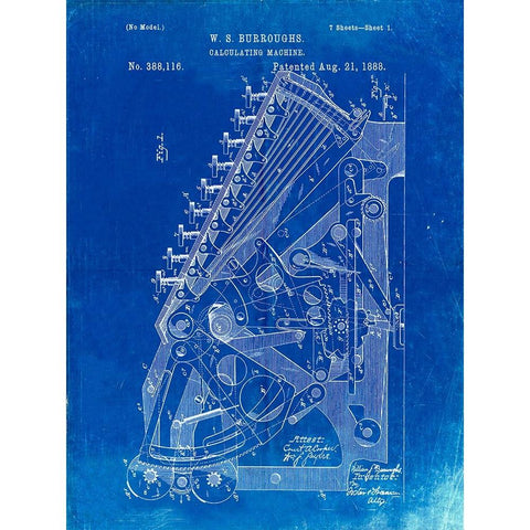 PP226-Faded Blueprint Burroughs Adding Machine Patent Poster White Modern Wood Framed Art Print by Borders, Cole