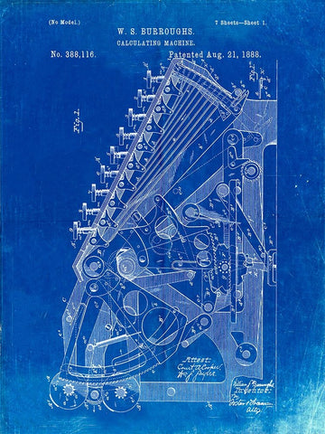 PP226-Faded Blueprint Burroughs Adding Machine Patent Poster White Modern Wood Framed Art Print with Double Matting by Borders, Cole