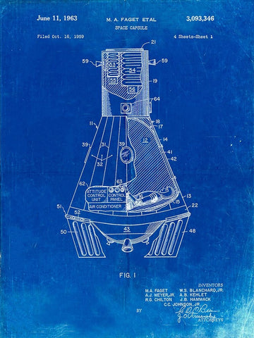 PP229-Faded Blueprint NASA Space Capsule 1959 Patent Poster Black Ornate Wood Framed Art Print with Double Matting by Borders, Cole