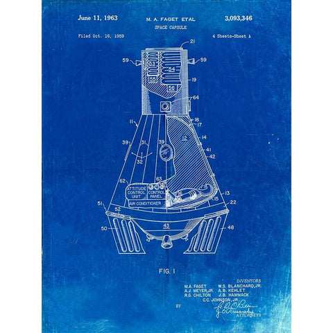 PP229-Faded Blueprint NASA Space Capsule 1959 Patent Poster Black Modern Wood Framed Art Print with Double Matting by Borders, Cole