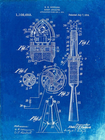 PP230-Faded Blueprint Robert Goddard Rocket Patent Poster White Modern Wood Framed Art Print with Double Matting by Borders, Cole