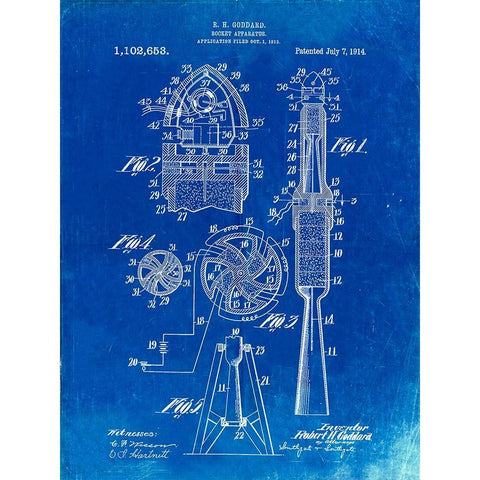 PP230-Faded Blueprint Robert Goddard Rocket Patent Poster White Modern Wood Framed Art Print by Borders, Cole