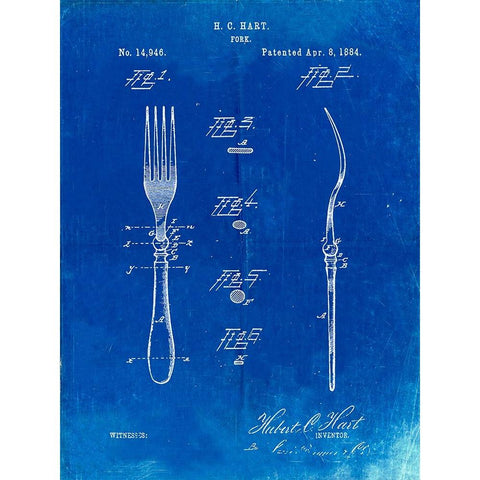 PP238-Faded Blueprint Fork Patent Poster White Modern Wood Framed Art Print by Borders, Cole