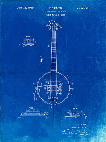 PP242-Faded Blueprint Modern Banjo Patent Poster Black Ornate Wood Framed Art Print with Double Matting by Borders, Cole