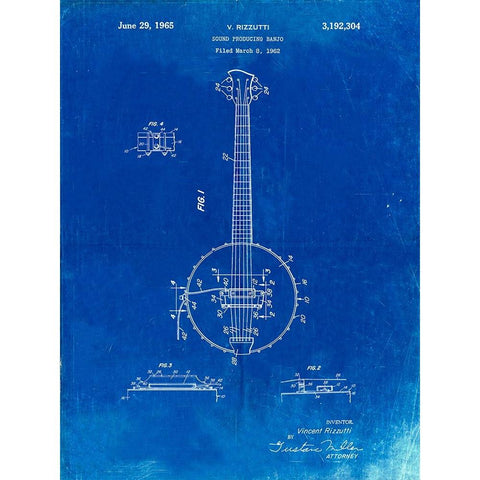 PP242-Faded Blueprint Modern Banjo Patent Poster Black Modern Wood Framed Art Print with Double Matting by Borders, Cole