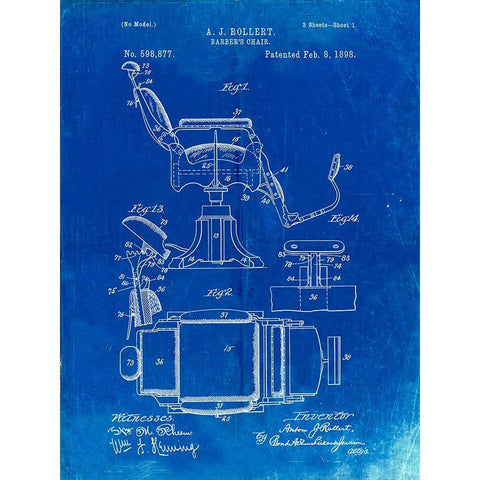 PP244-Faded Blueprint Barbers Chair Patent Black Modern Wood Framed Art Print with Double Matting by Borders, Cole