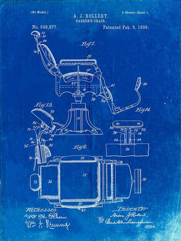 PP244-Faded Blueprint Barbers Chair Patent White Modern Wood Framed Art Print with Double Matting by Borders, Cole