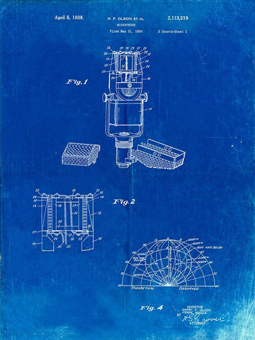 PP249-Faded Blueprint RCA Ribbon Microphone Poster White Modern Wood Framed Art Print with Double Matting by Borders, Cole