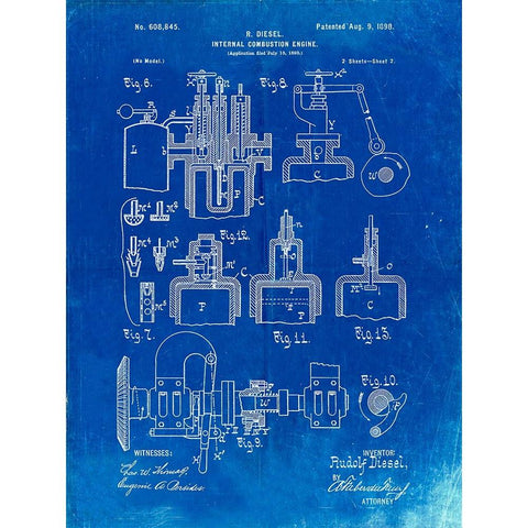 PP257-Faded Blueprint Diesel Engine 1898 Patent Poster Black Modern Wood Framed Art Print with Double Matting by Borders, Cole