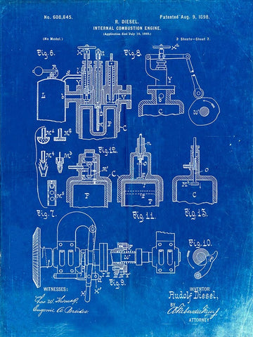 PP257-Faded Blueprint Diesel Engine 1898 Patent Poster White Modern Wood Framed Art Print with Double Matting by Borders, Cole