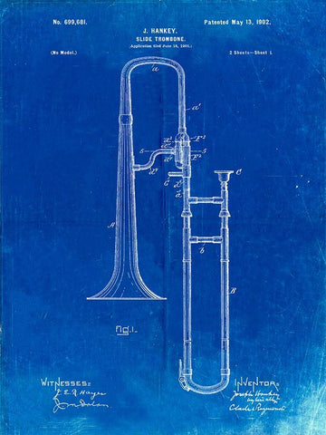 PP261-Faded Blueprint Slide Trombone Patent Poster Black Ornate Wood Framed Art Print with Double Matting by Borders, Cole