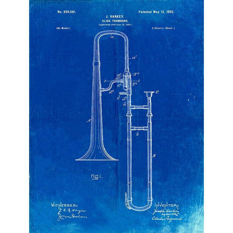 PP261-Faded Blueprint Slide Trombone Patent Poster Black Modern Wood Framed Art Print by Borders, Cole