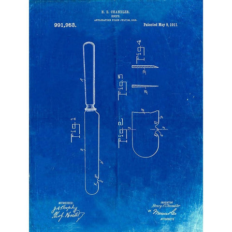 PP278-Faded Blueprint Meat Knife Poster Gold Ornate Wood Framed Art Print with Double Matting by Borders, Cole