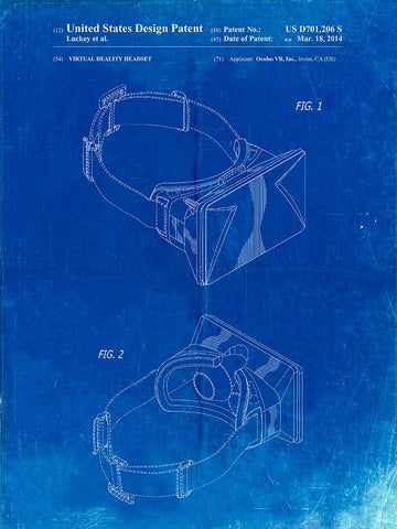 PP279-Faded Blueprint Oculus Rift Patent Poster Black Ornate Wood Framed Art Print with Double Matting by Borders, Cole