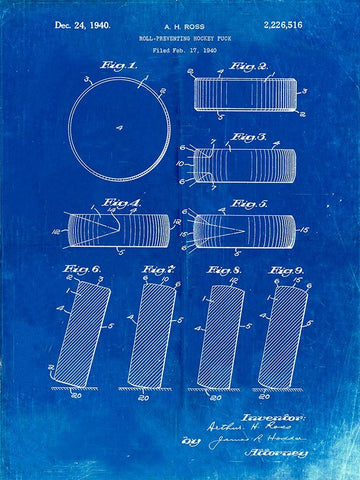 PP290-Faded Blueprint Hockey Puck Patent Poster White Modern Wood Framed Art Print with Double Matting by Borders, Cole