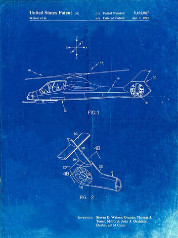 PP302-Faded Blueprint Helicopter Tail Rotor Patent Poster Black Ornate Wood Framed Art Print with Double Matting by Borders, Cole