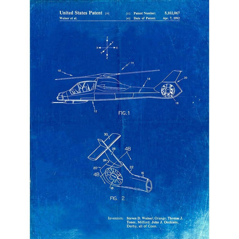 PP302-Faded Blueprint Helicopter Tail Rotor Patent Poster Gold Ornate Wood Framed Art Print with Double Matting by Borders, Cole