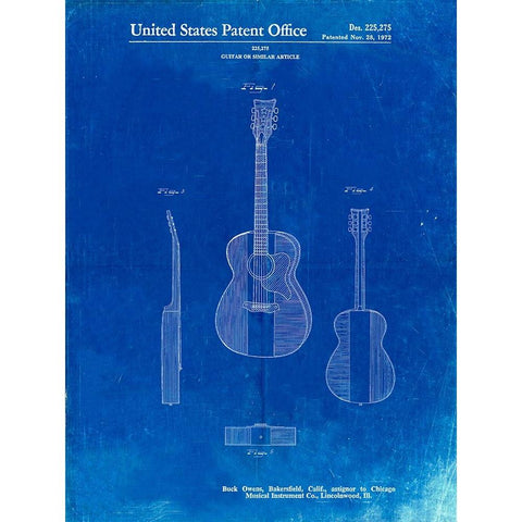 PP306-Faded Blueprint Buck Owens American Guitar Patent Poster Black Modern Wood Framed Art Print with Double Matting by Borders, Cole