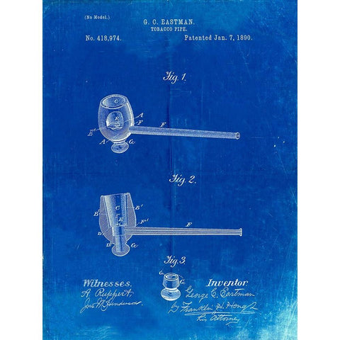 PP307-Faded Blueprint Smoking Pipe 1890 Patent Poster White Modern Wood Framed Art Print by Borders, Cole